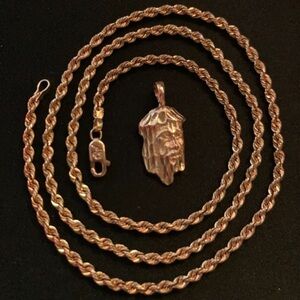 REAL 14k Yellow Gold Jesus Head Pendant & 10k Yellow Gold Diamond Cut Rope Chain